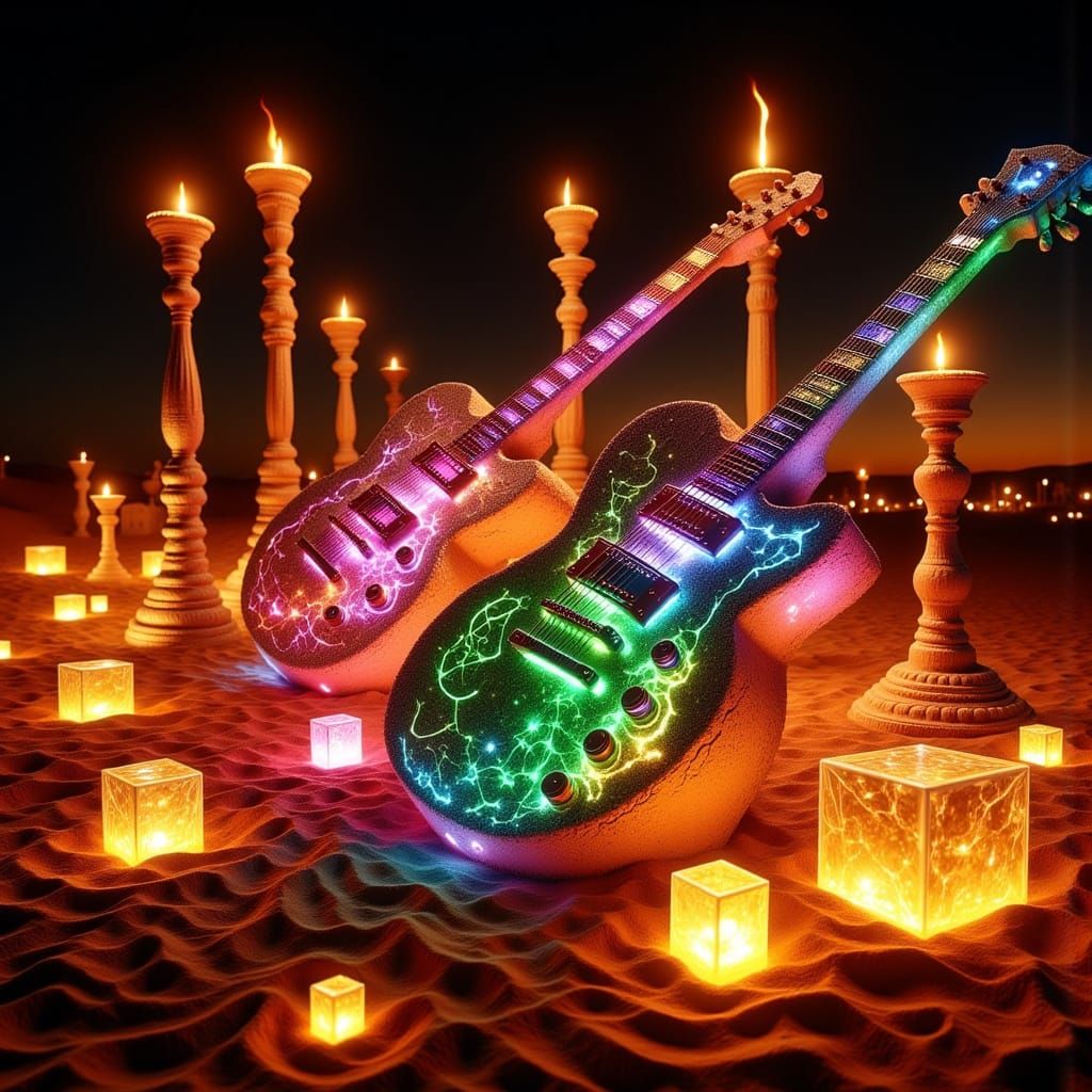 Neon Sand Guitars in Sahara Desert: Futuristic Art
