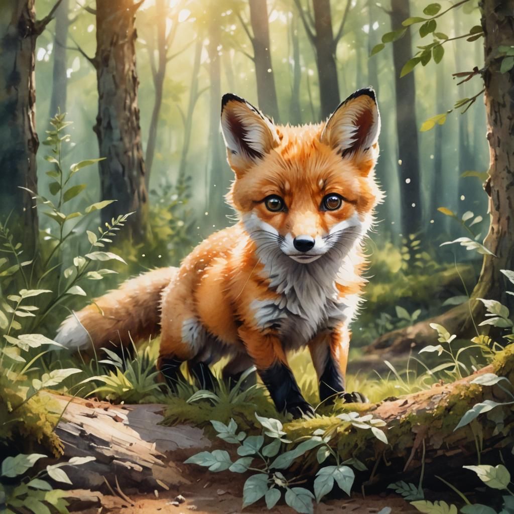 Cute Baby Fox Portrait in Watercolor Style