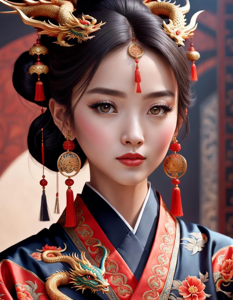 Girl with Dragon in Oriental Robes: Digital Portrait