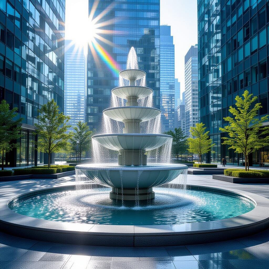 White Tiered Fountain in Modern City Plaza