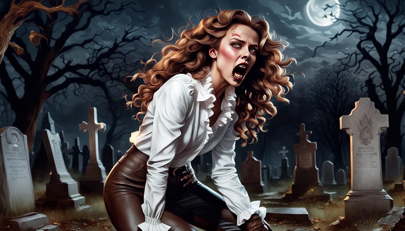 Woman Screaming in Cemetery at Night: Hyperrealistic Art