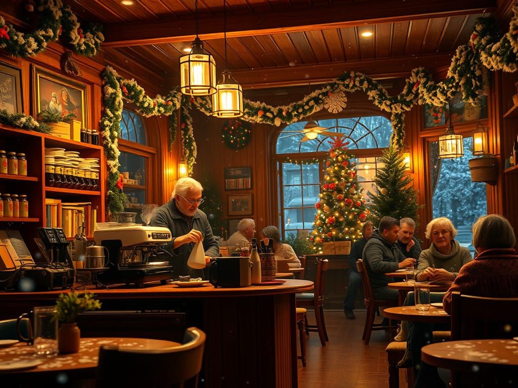 Cozy Winter Cafe Scene in Matte Painting Style