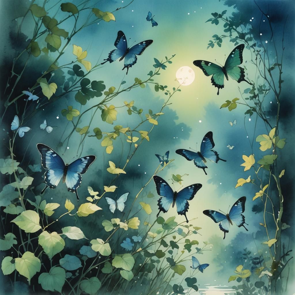 Butterflies in Moonlit Watercolor Concept Art