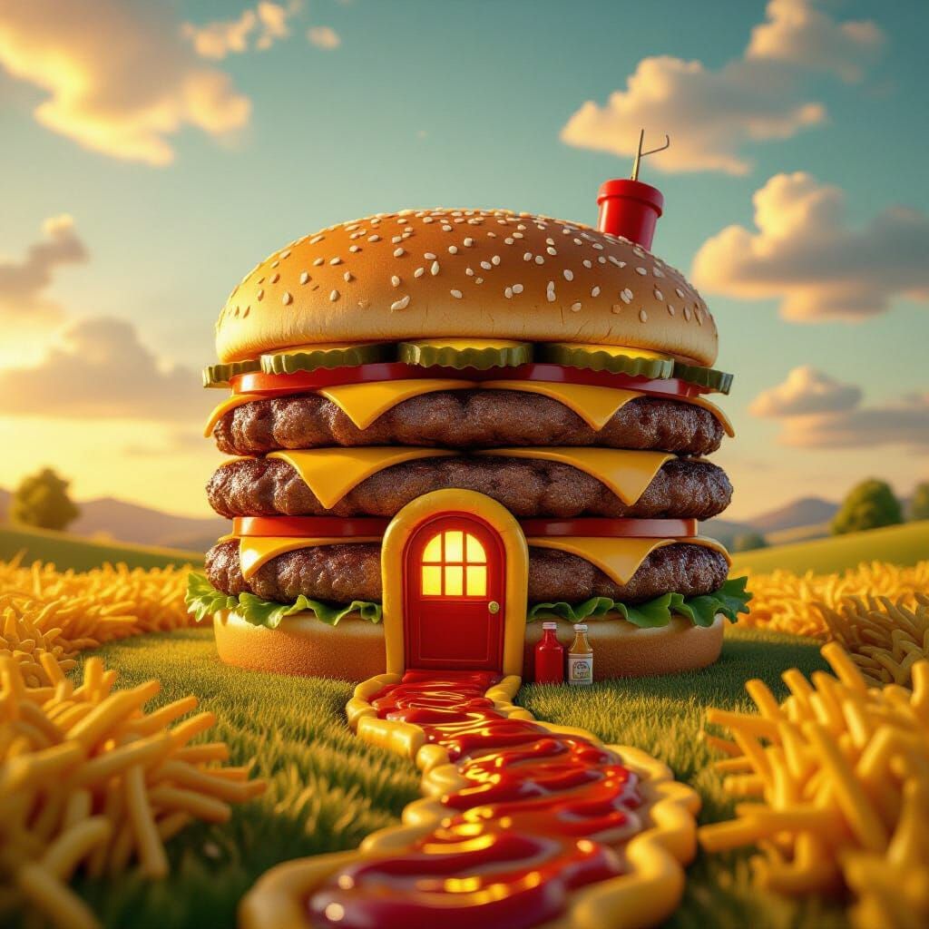 Colossal Hamburger House in Whimsical Landscape