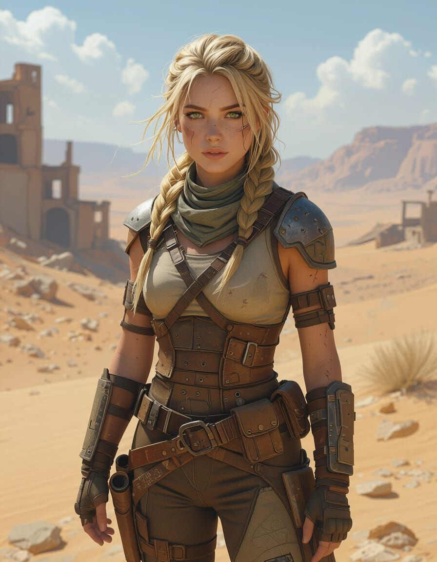 Lyra Vale: Relic Hunter in Post-Apocalyptic Desert Sunset