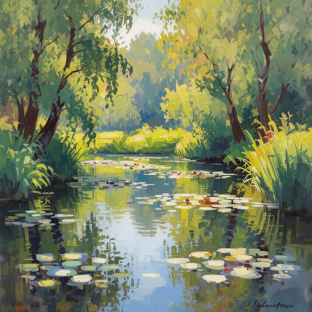 Impressionist Pond Painting with Blended Colors and Light