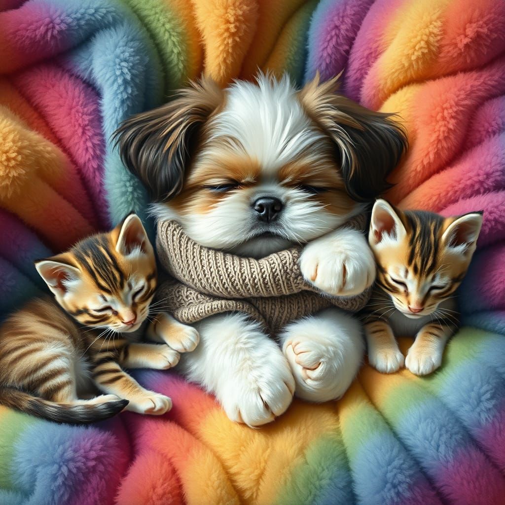 Shih Tzu and Kittens in Hyperrealistic Oil Painting
