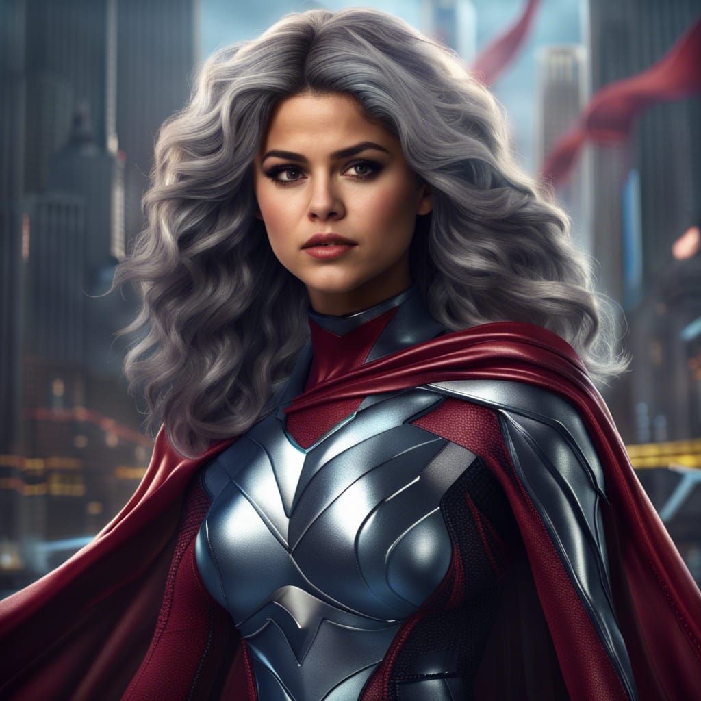 Beautiful 50 years old female superhero second vision