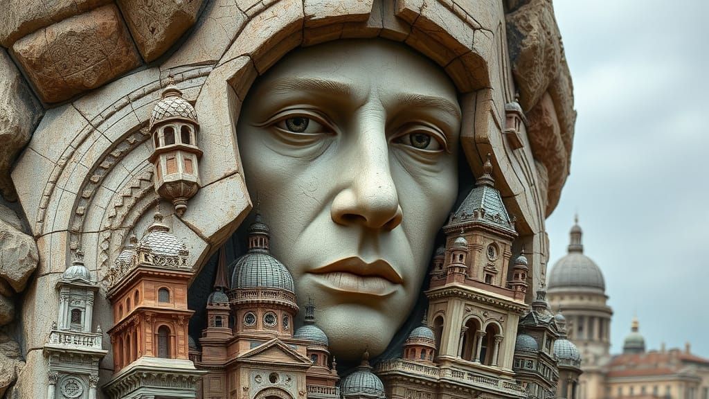 Ethereal Cityscape Emerging from Weathered Stone in Surreali...