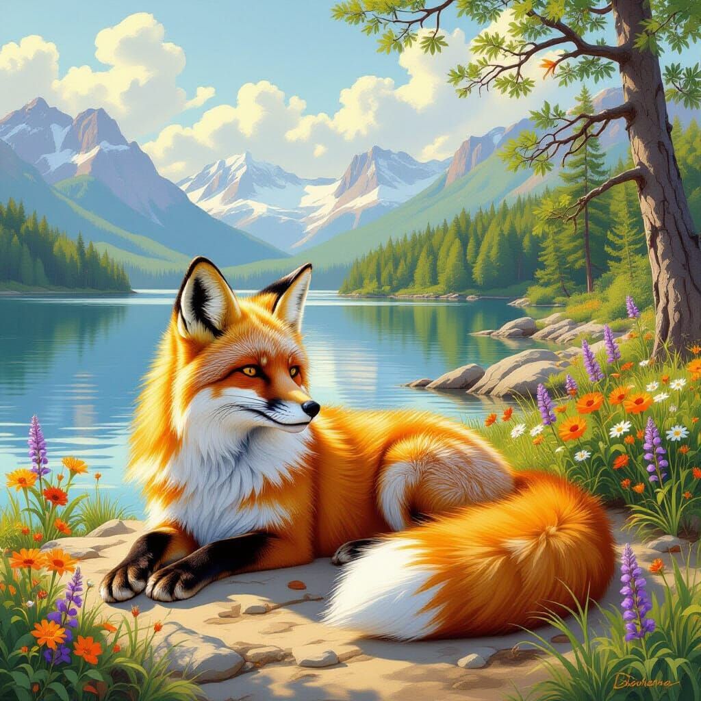 Fox Lounging by Holiday Lake in Wildlife Art Style