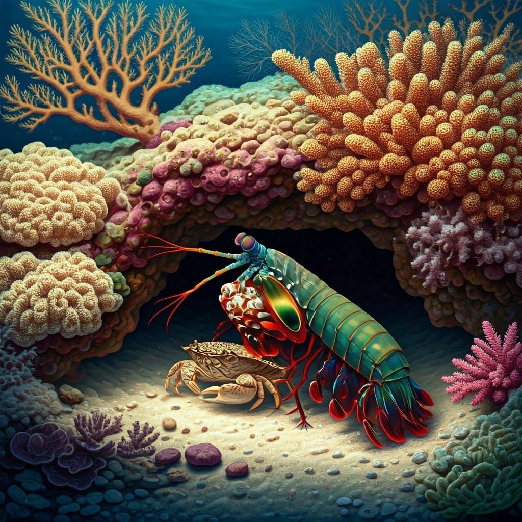Peacock Mantis Shrimp Hunting in Coral Reef Illustration