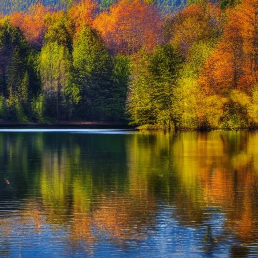 Lake in Deep Forest with Golden Light Reflections