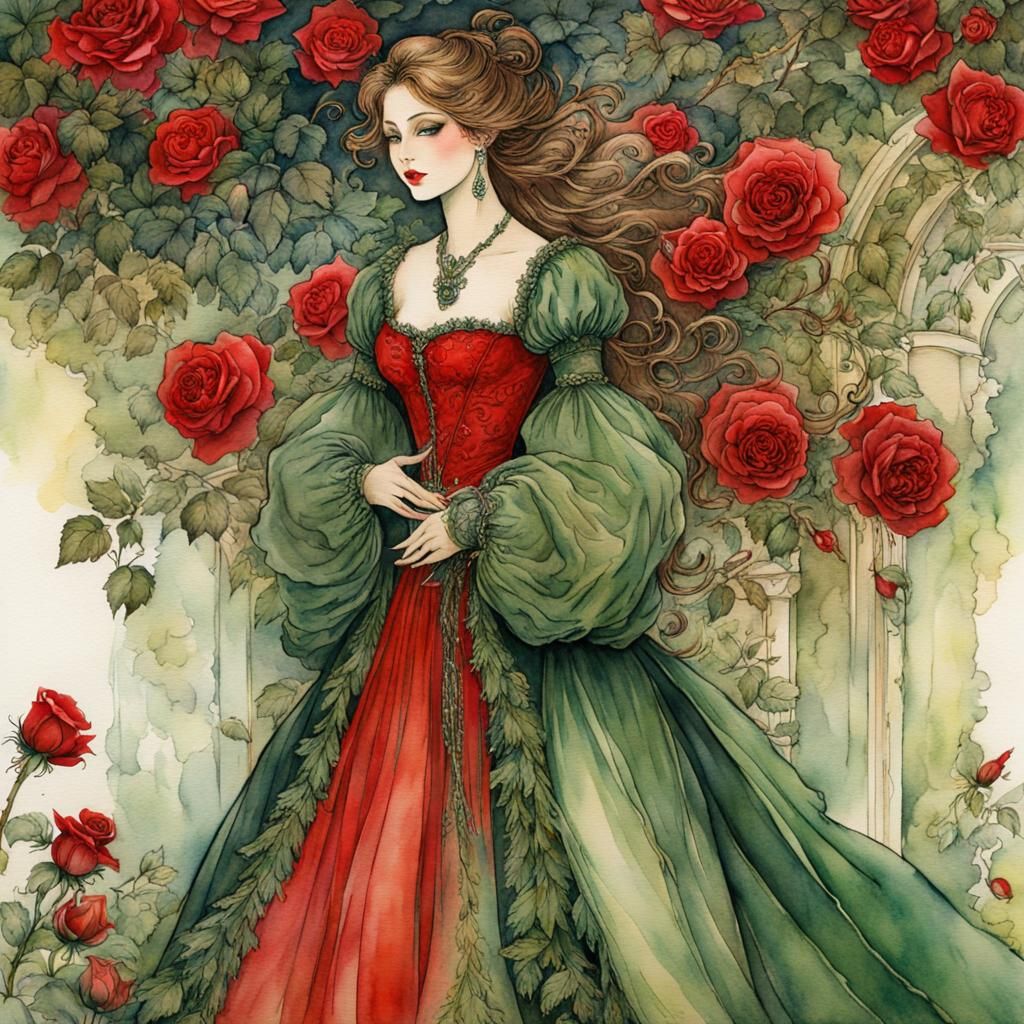 Fairytale Woman with Red Roses in Watercolor Style