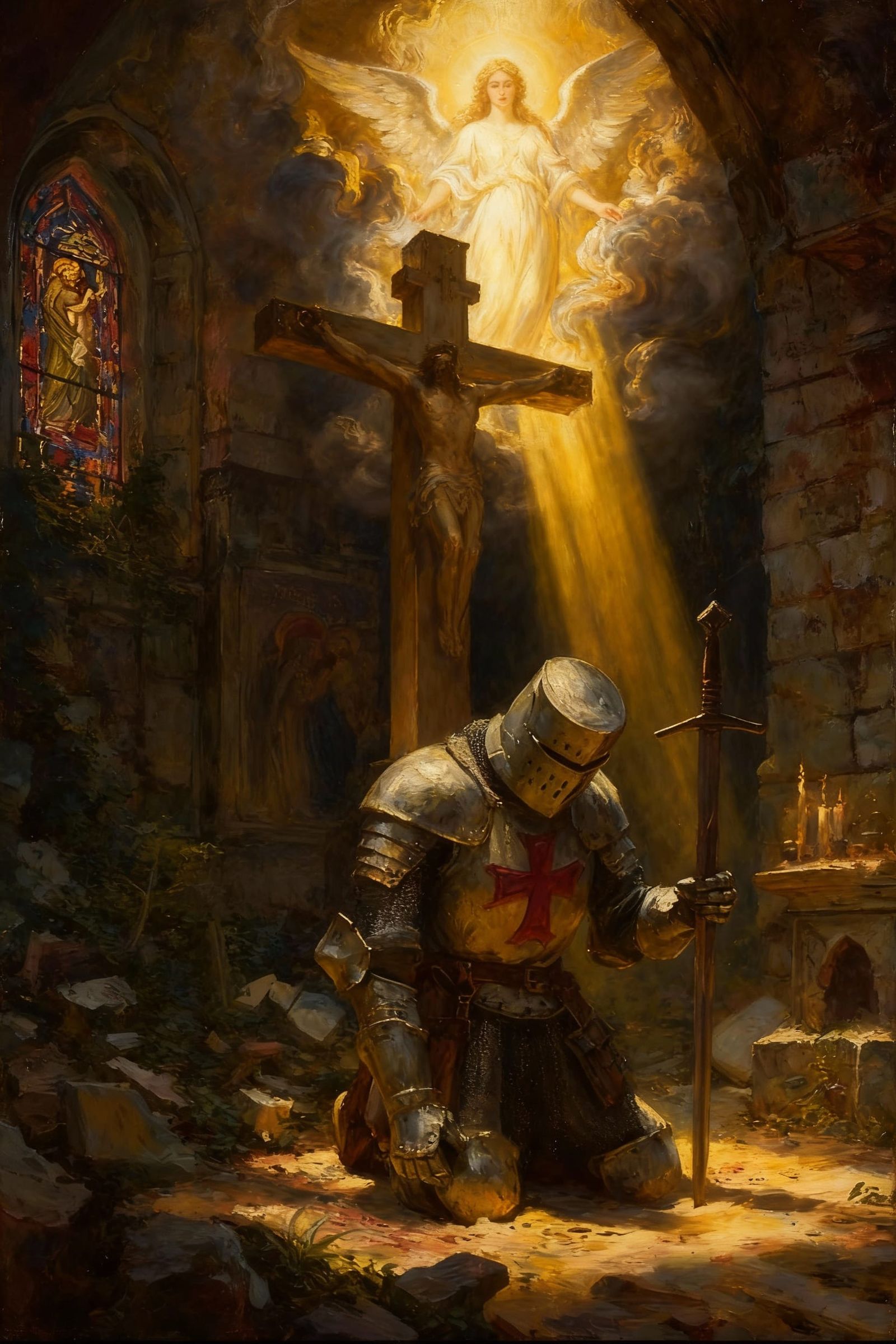 Templar Knight in Prayer Before Angelic Figure, Baroque Styl...