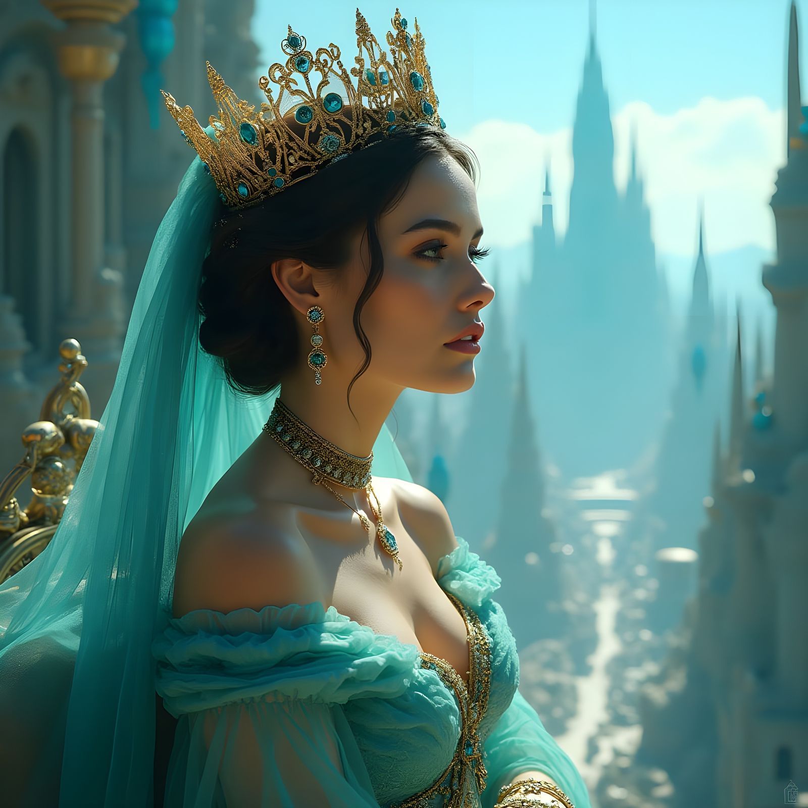 Regal Fantasy Queen Amidst Enchanted Cityscape