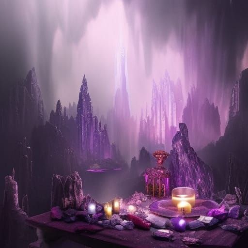 Crystals and candles and purple light
