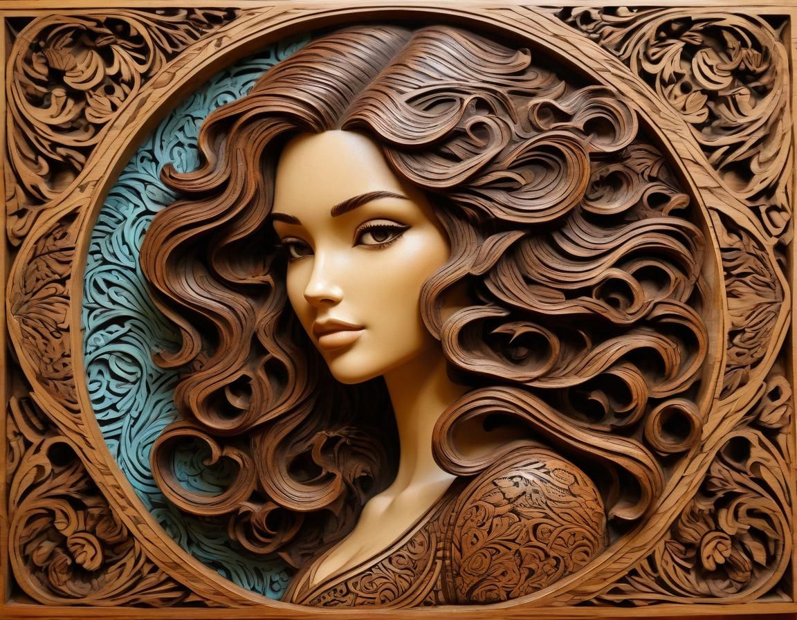 Detailed 3D Wood Carving of a Girl with Wavy Hair
