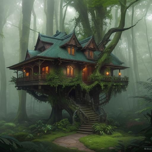 Lush Forest Community with Treehouses, Art Nouveau Style