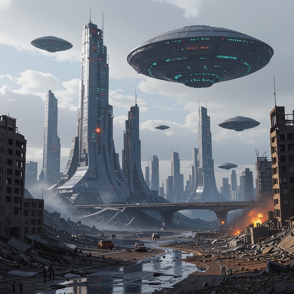 Futuristic Metropolis Under Alien Attack: Photorealistic