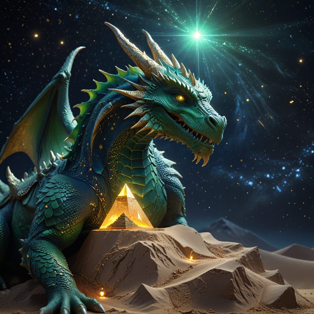 Green Dragon Encircling Golden Pyramid: Fantasy Art