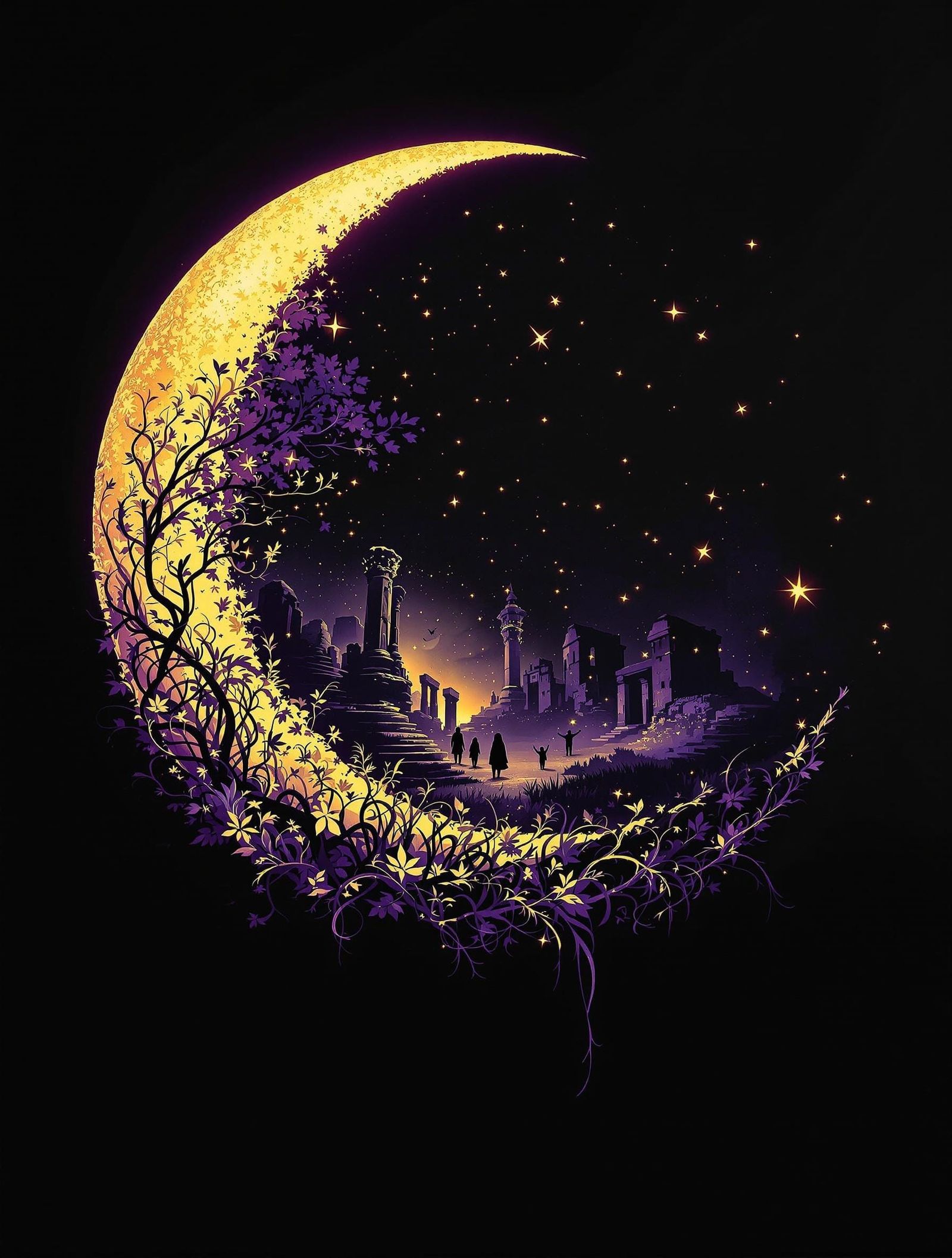 Ethereal Crescent Moon Illuminates Dreamlike Enchanted Realm