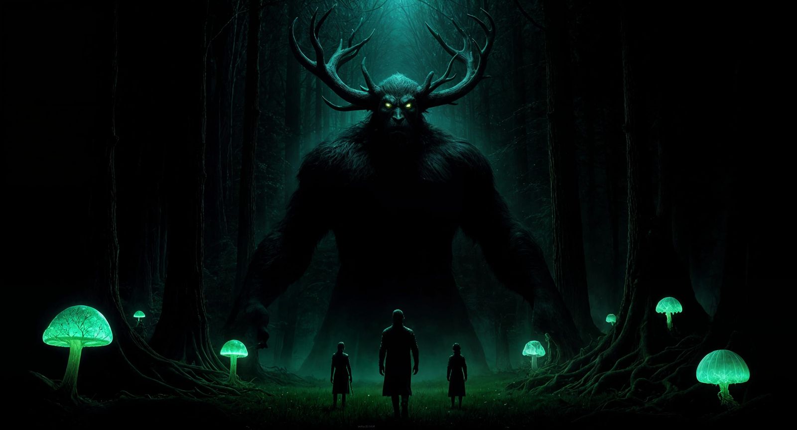 A colossal, shadowy, antlered giant faces a group of acing w...