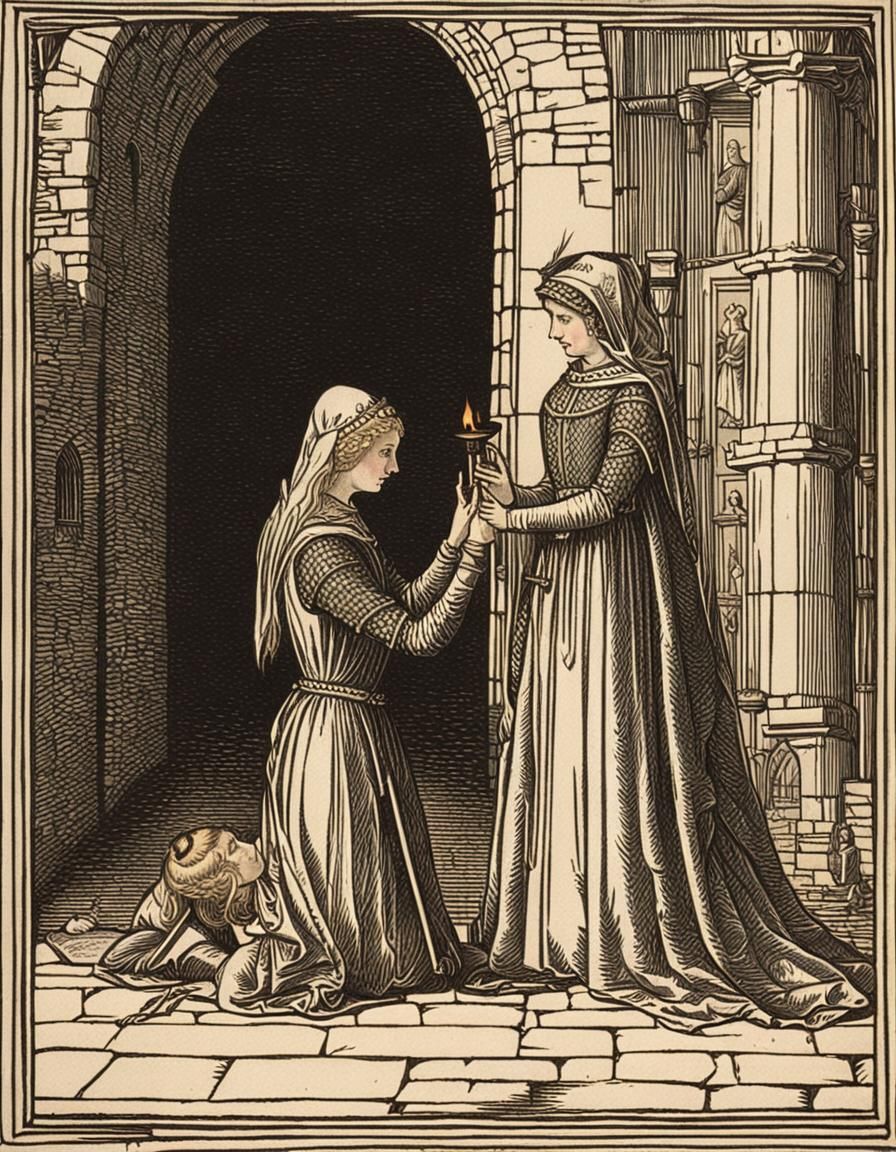 Medieval Maiden Kneeling Before Her Mistress