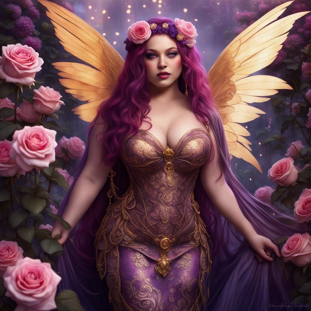 Curvaceous Woman with Golden Wings in Rose Garden