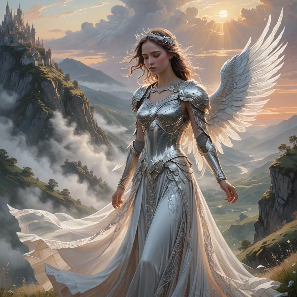 Ethereal Winged Figure on Misty Hillside