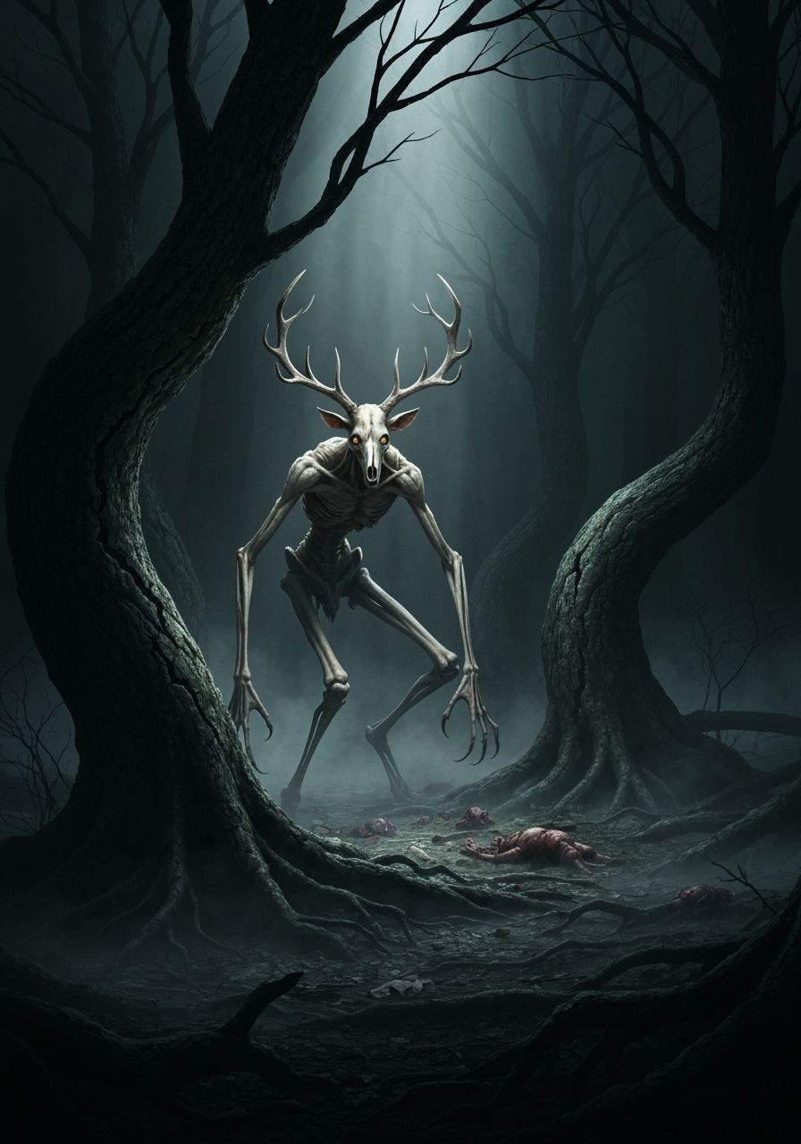 Tenebrism Wendigo Lurking in Shadowy Forest