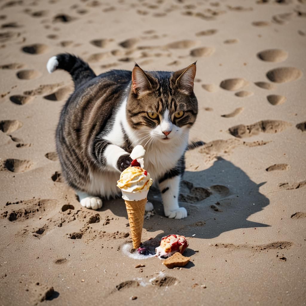 Cat Enjoys Ice Cream at the Beach