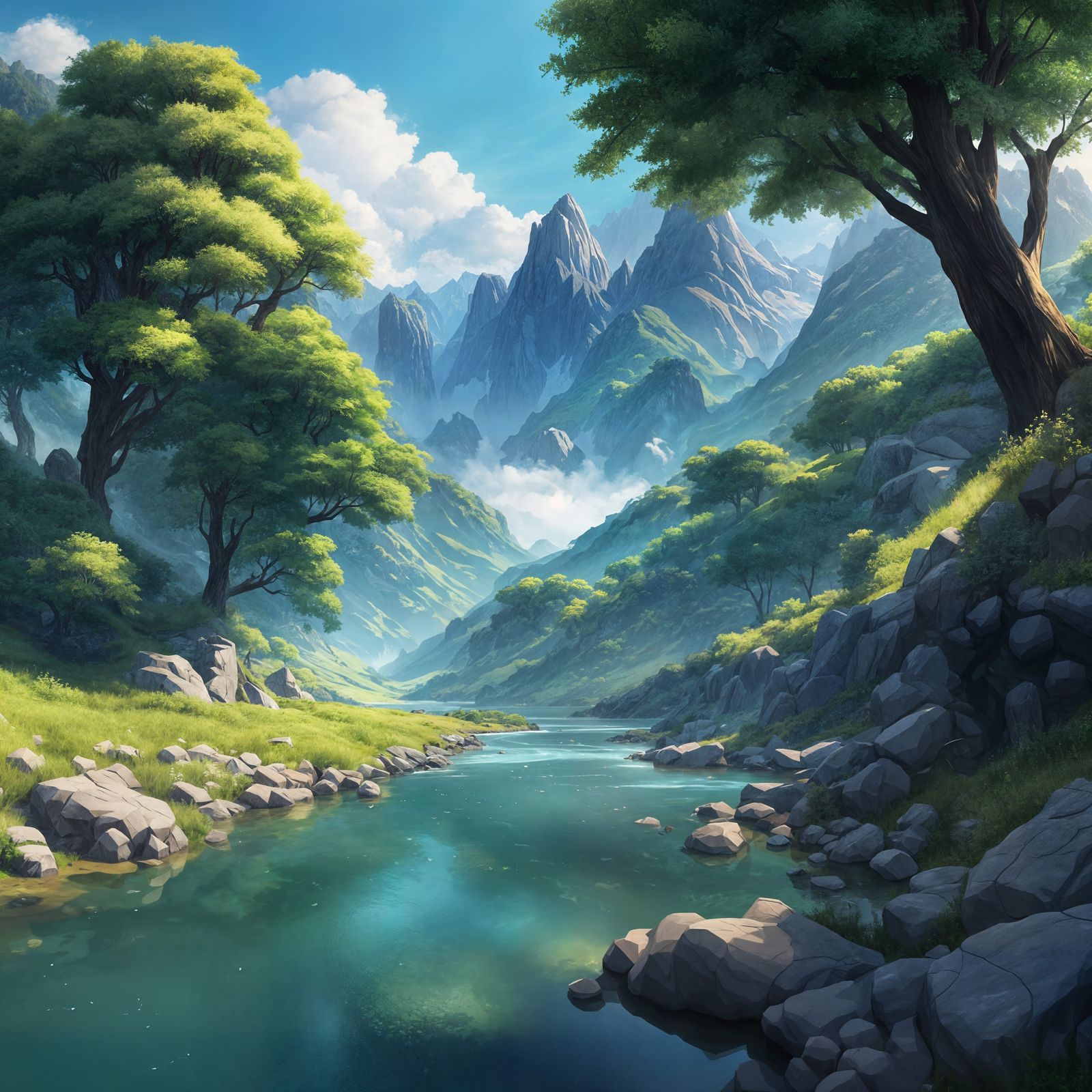 Serenely Flowing River Landscape in 3D Anime Style