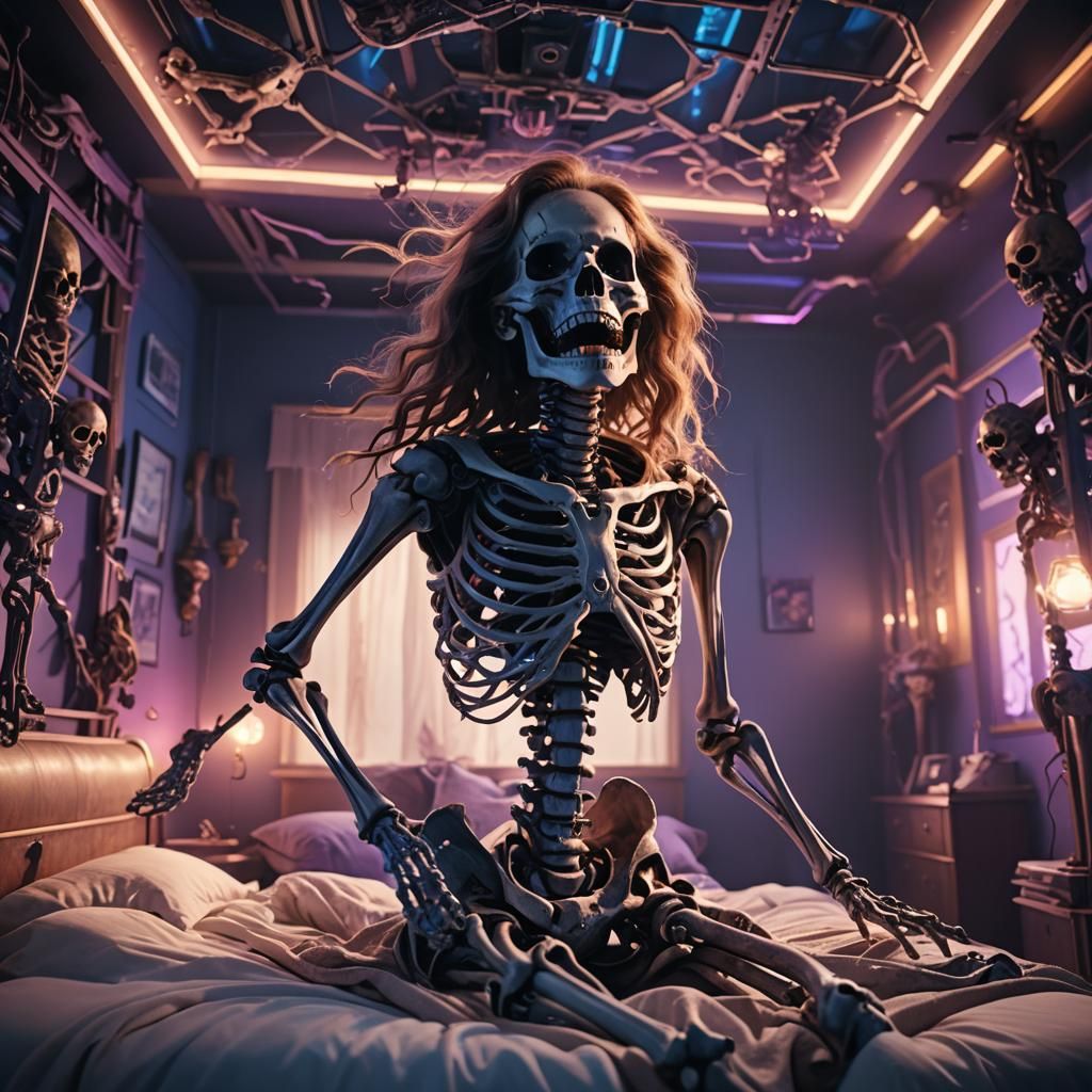Surreal Sci-Fi Scene of Skeleton Woman Bursting in Cinematic...