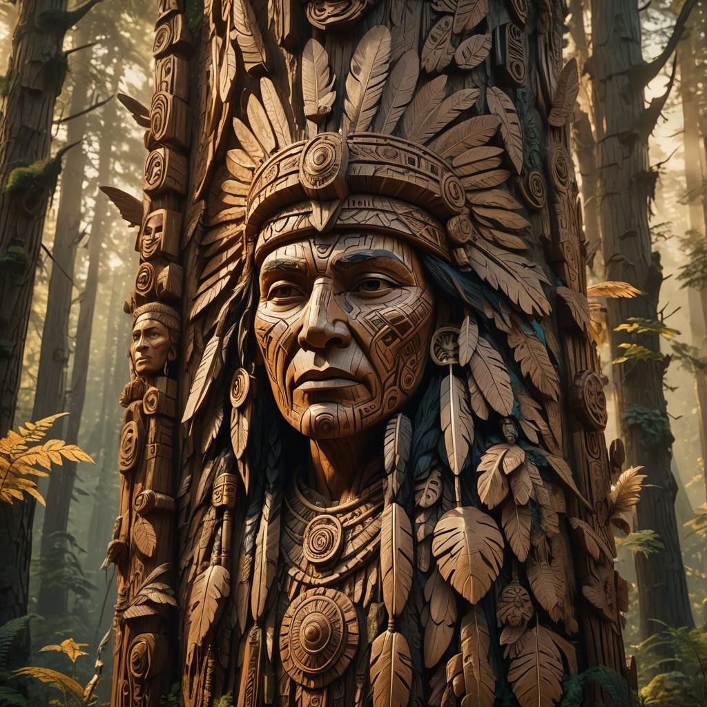 Native American Totems in Forest: Cinematic Digital Art