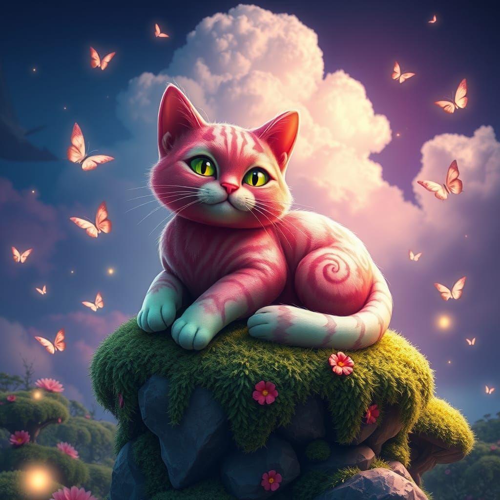 Whimsical Watermelon Cat in Enchanted Garden