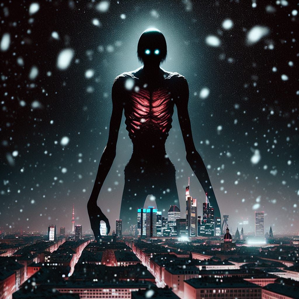 Dark Cityscape Under Midnight Sky with a Menacing, Glowing C...