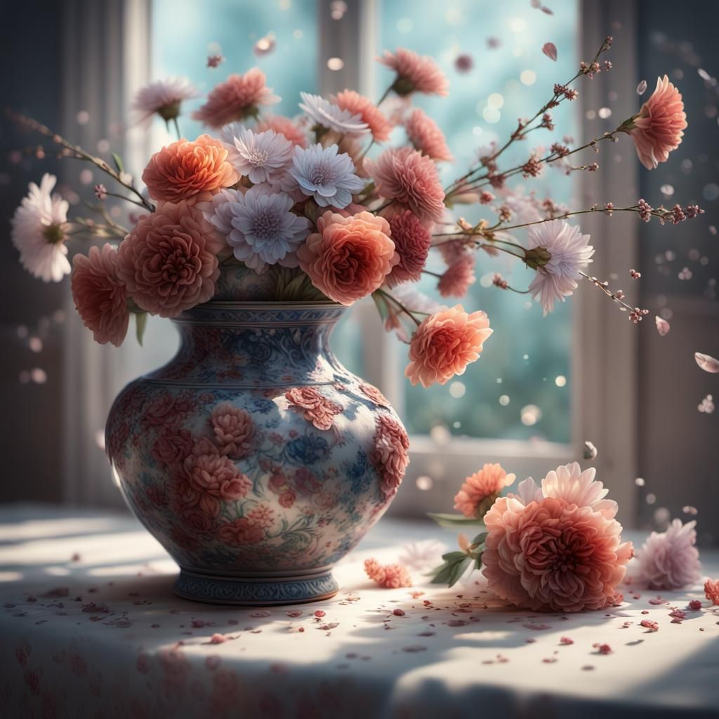 Broken Vase with Flowers in Hyperrealistic Style