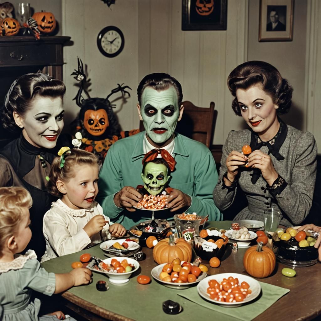 Creepy Family Halloween Celebration in 1950s Photo