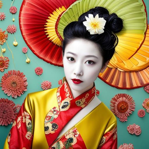 Zombie Geisha in Gold Kimono: Japanese Painting