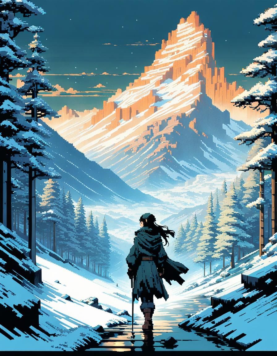 Pixel Art Elf in Winter Mountainscape
