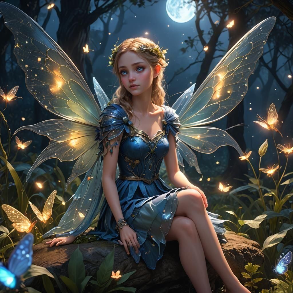 Fairy with Blue Eyes in Moonlight, Digital Art