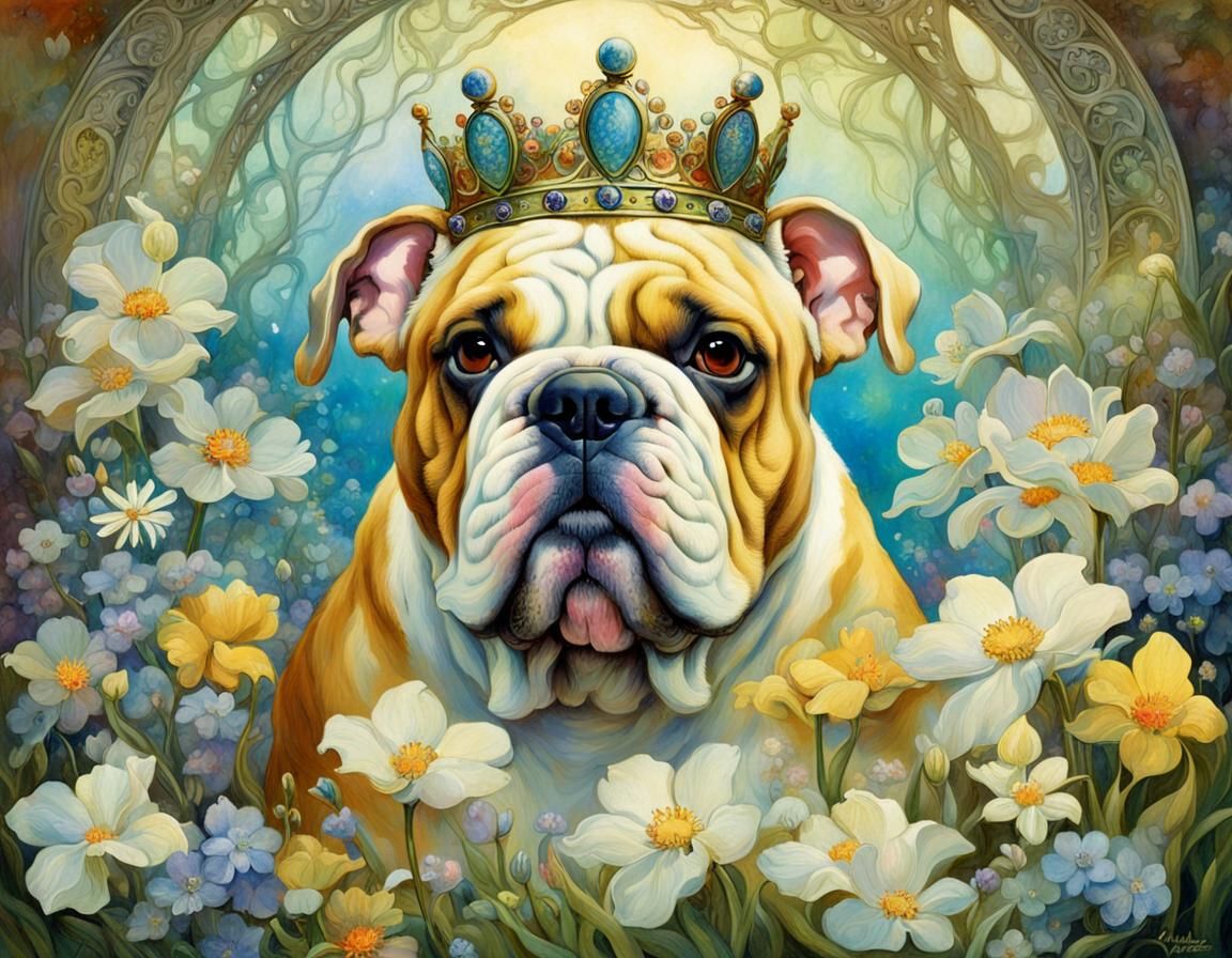 Bulldog with Floral Crown in Art Nouveau Style