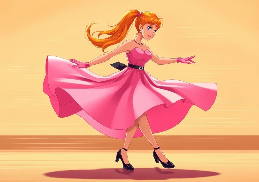 Dynamic Orange-Haired Dancer in Ghibli Anime Style