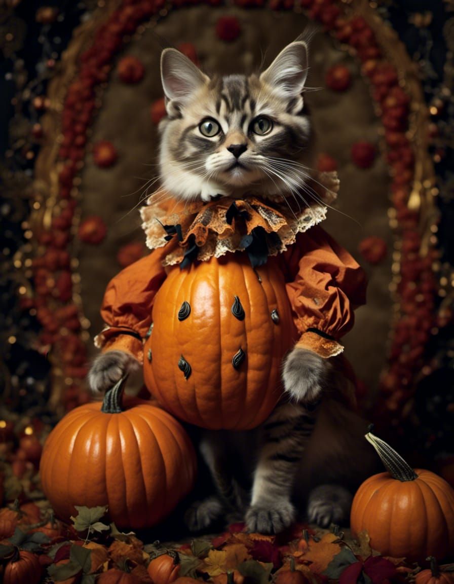 Pumpkin Kitten Portrait: A Whimsical Autumn Scene