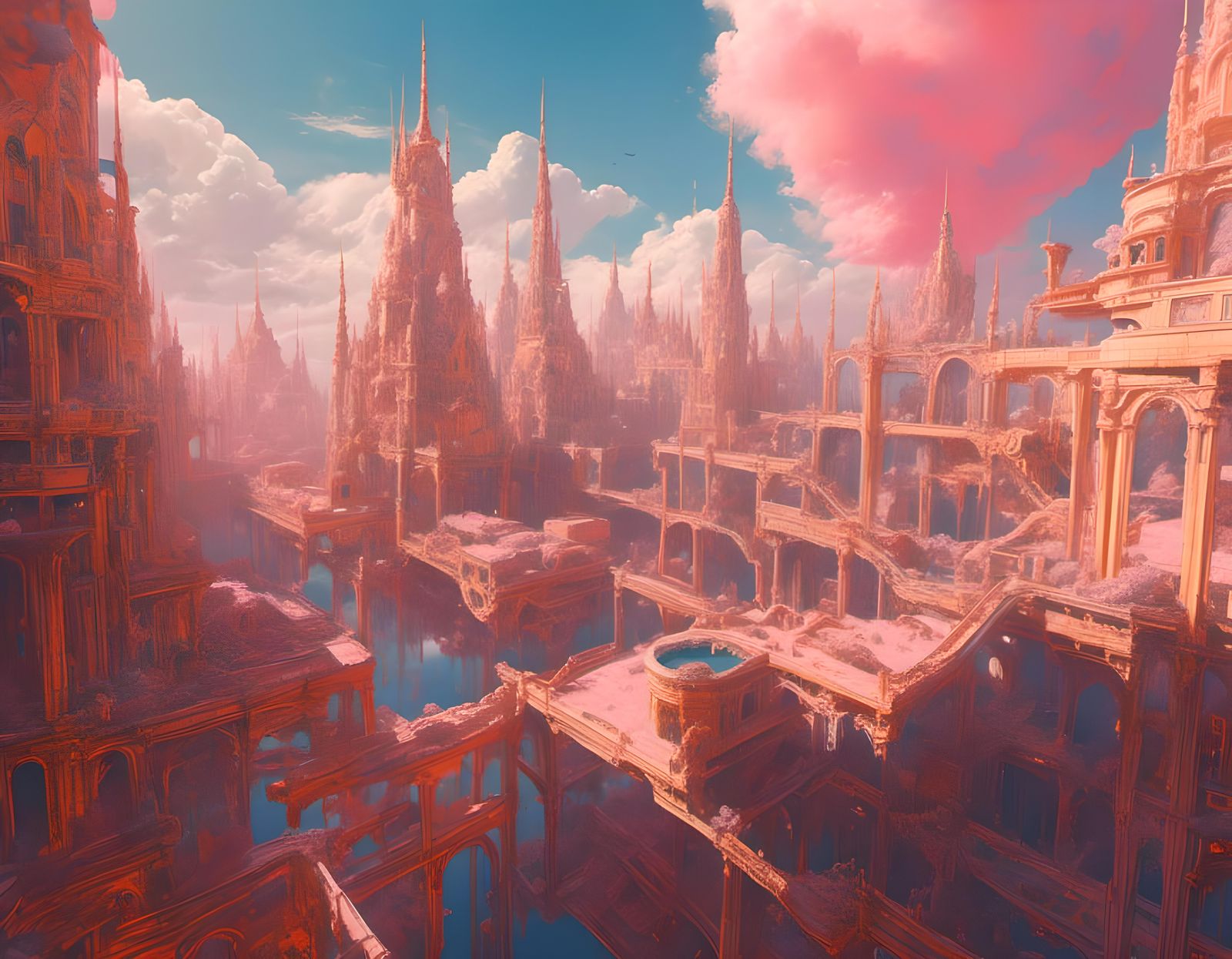 <lora:Sky Scenes:1.0> A city of pale golden spires and marble streets. The sky is pink and the water is golden. Photorea...