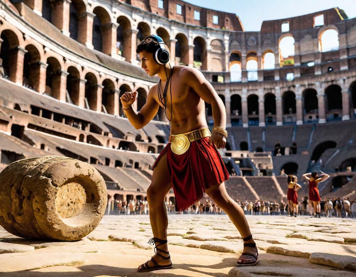 Roman Youth Dances with Headphones in Colosseum