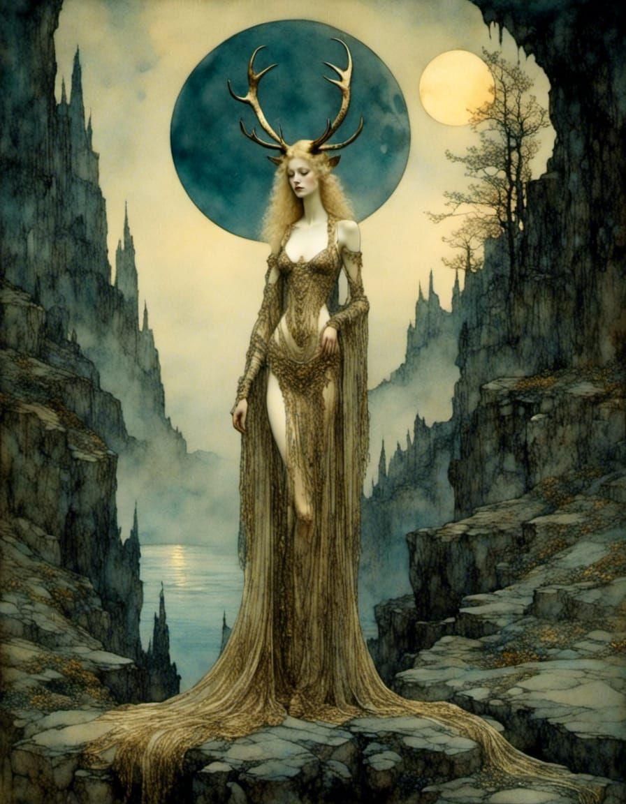 Slender Queen with Stag Antlers in Illustrative Style