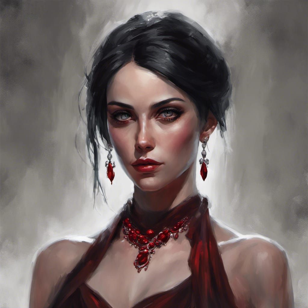 Glamorous Lady with Red Dress and Rubies