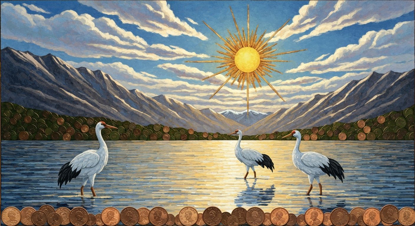 Coin Art: Cranes in Lake with Karakoram Mountains