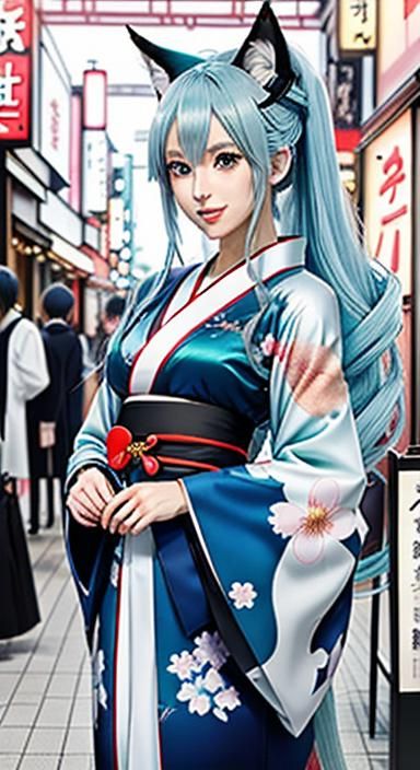 Anime Chibi Kitsune Girl Shopping for Kimonos